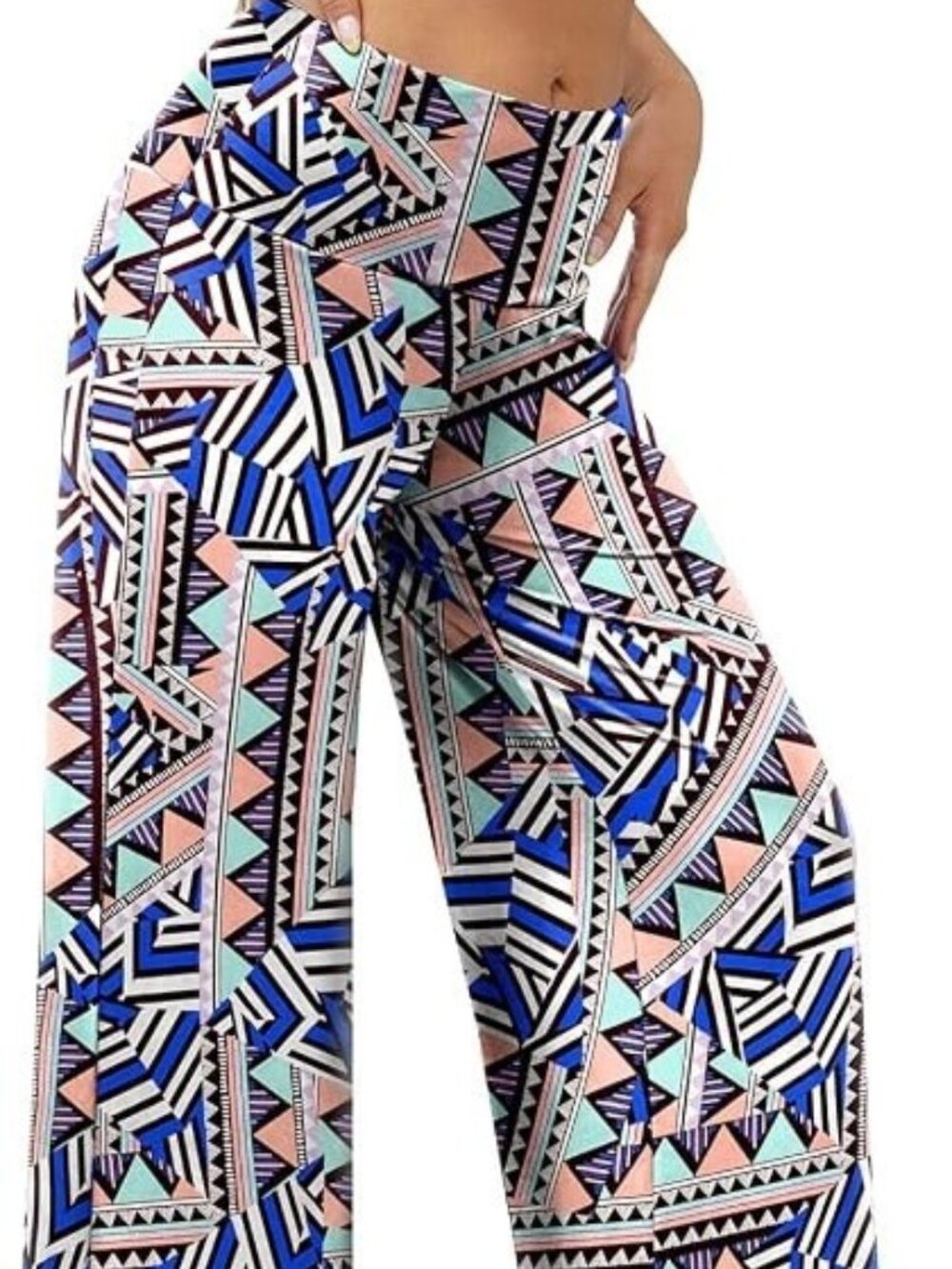 Arolina LNC Stretchy Wide Leg Lounge Palazzo Flat Front Pants 3X "Blue Geo"